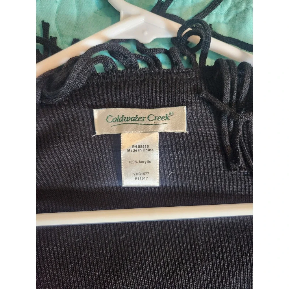 Coldwater Creek Black Ribbed Knit‎ Fringe Open Front Poncho Wrap One Size